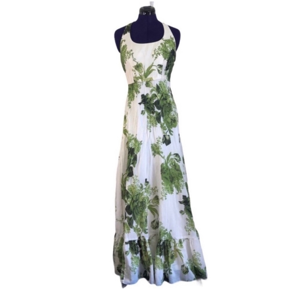 Kay Unger White Green Floral Formal Maxi Dress